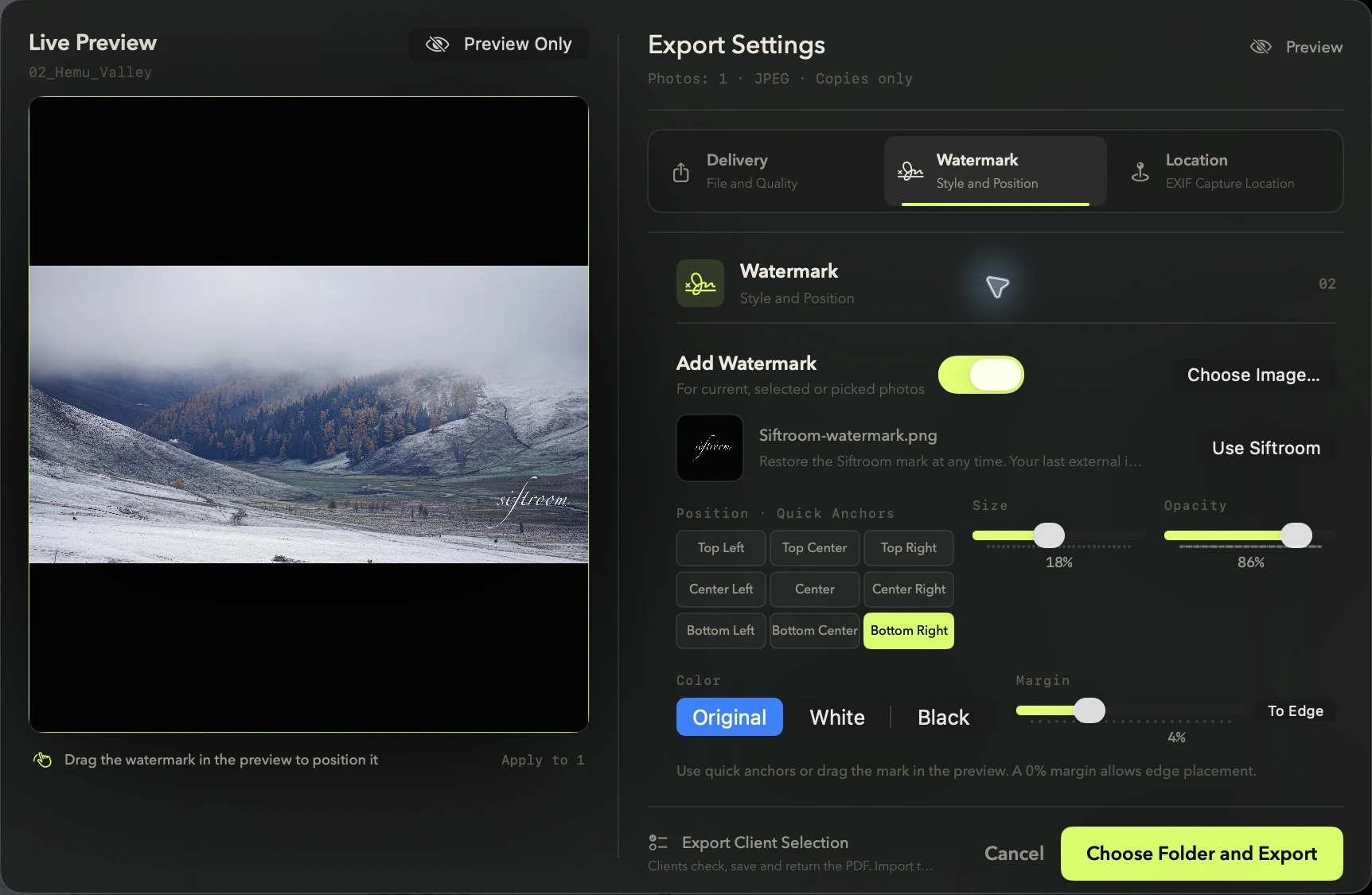 Siftroom live watermark preview, color and position settings