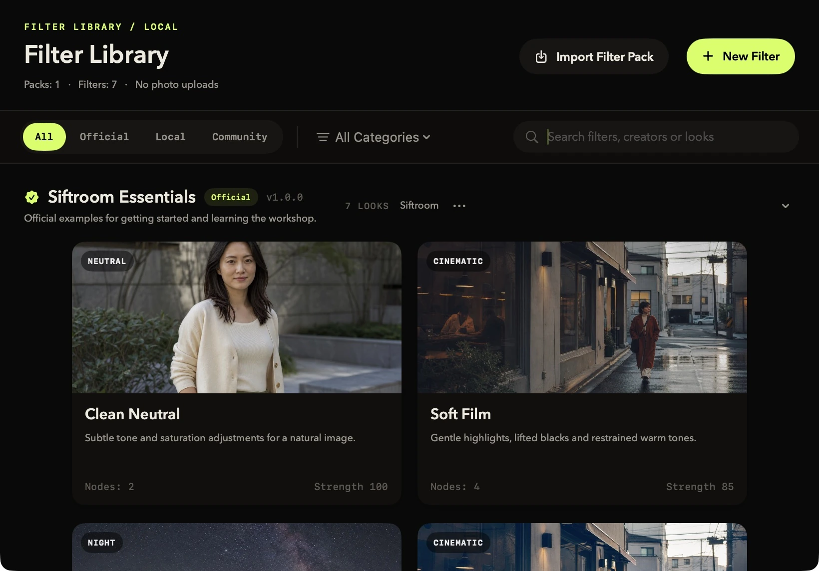 Local filter library with actual rendered photo previews