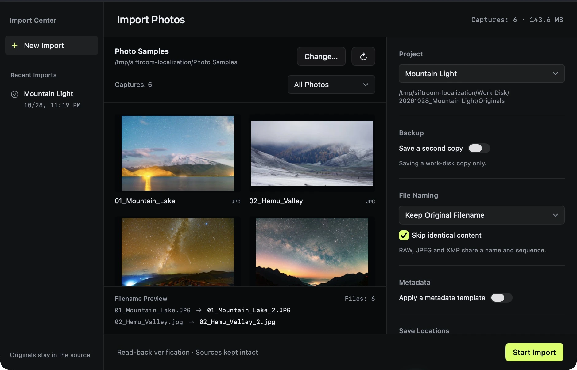 Siftroom Import Center showing source thumbnails, project, backup and filename preview