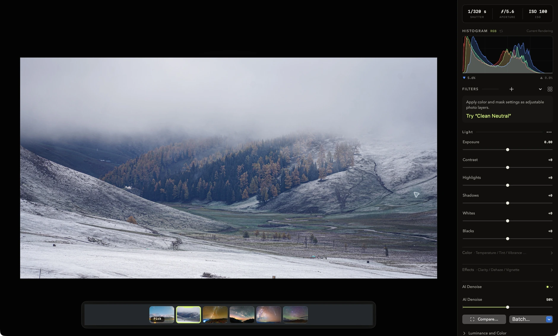The Siftroom inspector with histogram, EXIF and image adjustments