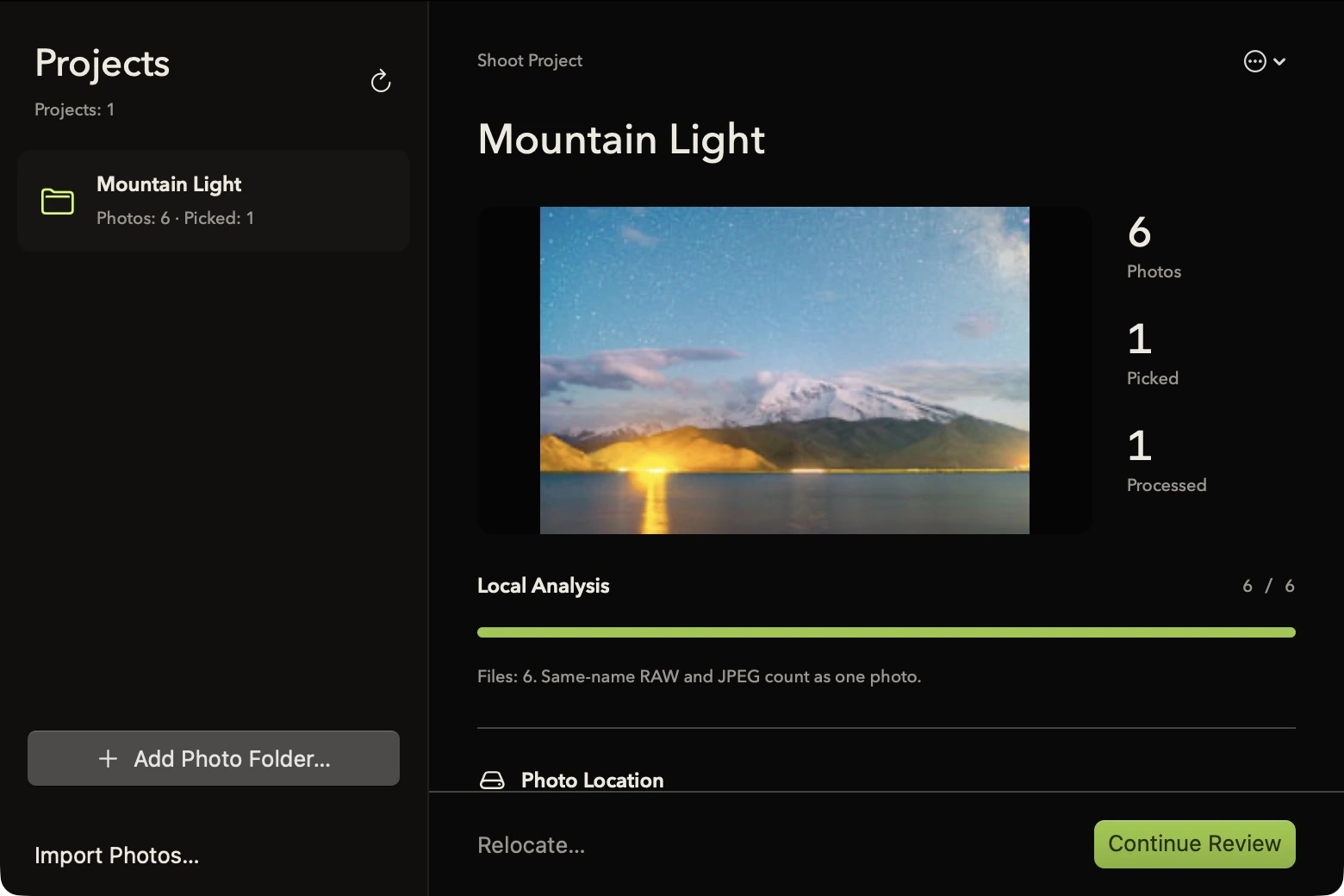 Siftroom Projects showing photo counts, picks and local analysis progress